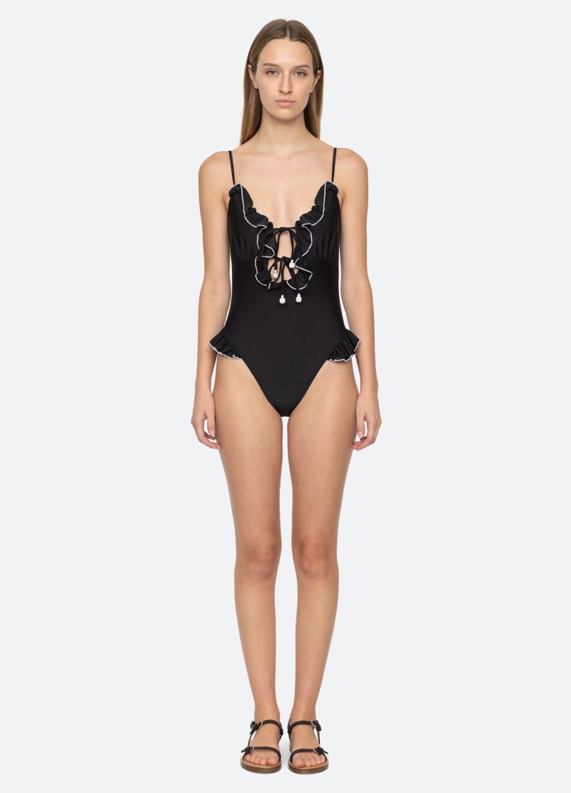 black-camille ruffle one piece-front view 2